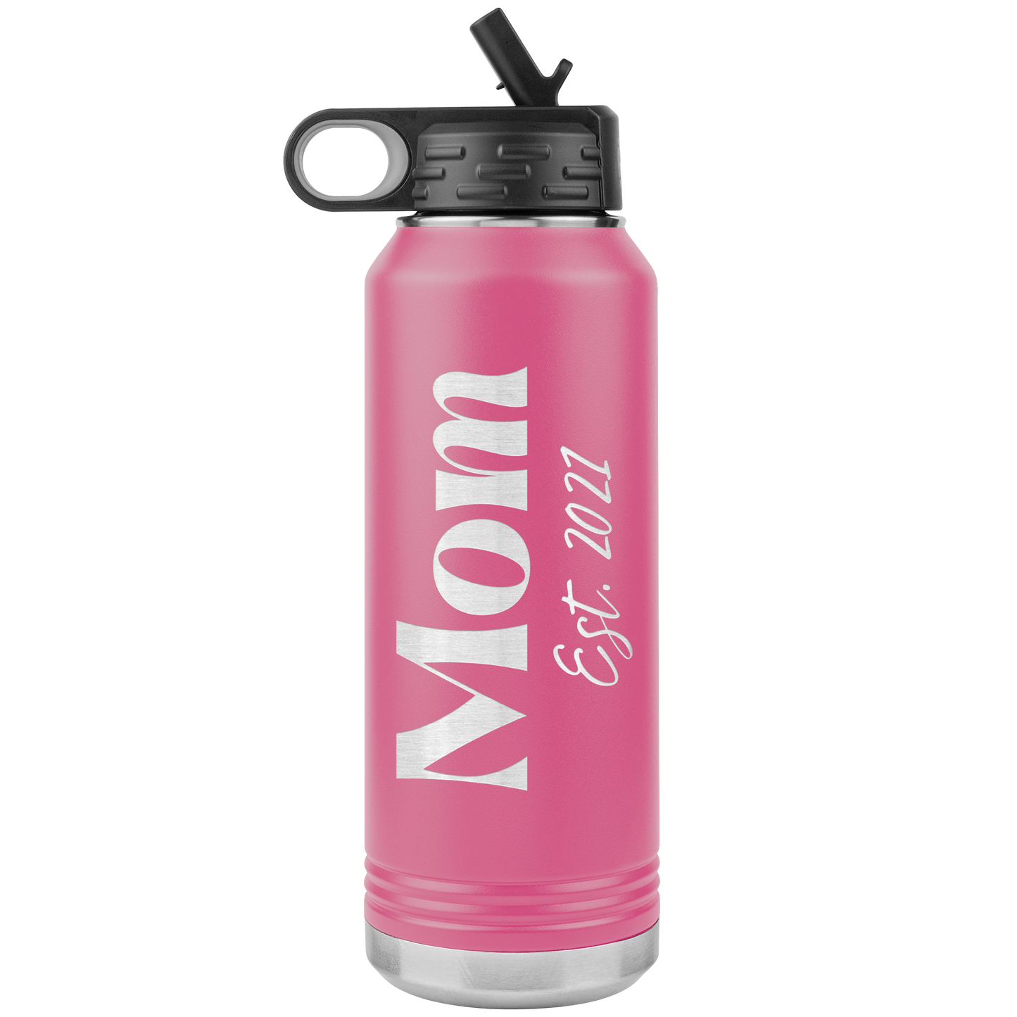 "Mom Est. 2021" 32 oz. Insulated Stainless Steel Water Bottle with Flip Top Lid & Built-in Straw