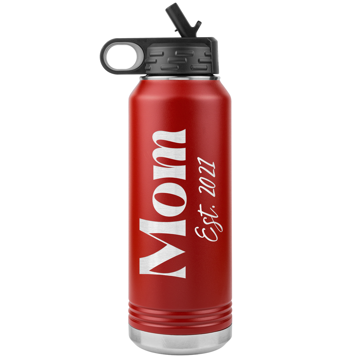 "Mom Est. 2021" 32 oz. Insulated Stainless Steel Water Bottle with Flip Top Lid & Built-in Straw