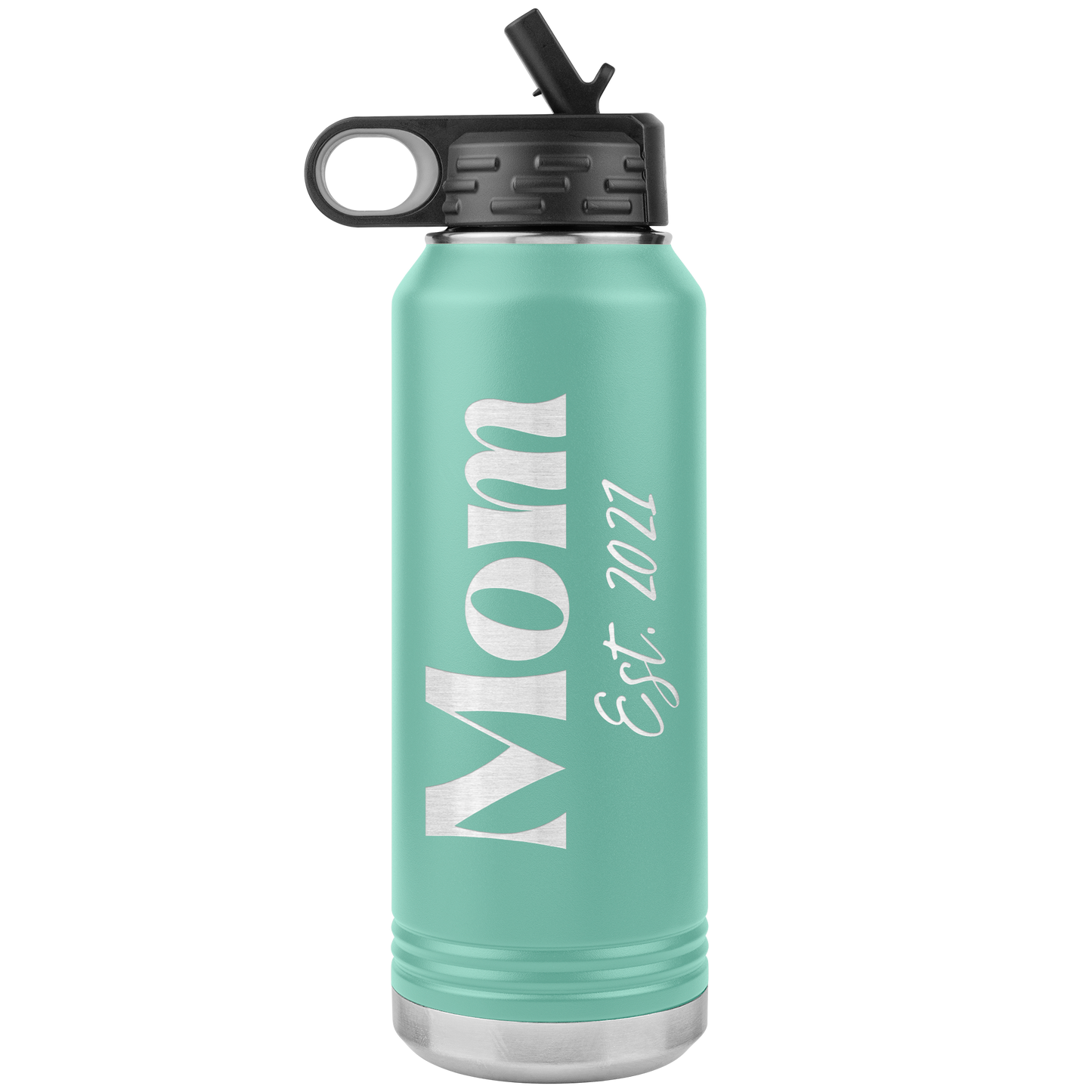 "Mom Est. 2021" 32 oz. Insulated Stainless Steel Water Bottle with Flip Top Lid & Built-in Straw