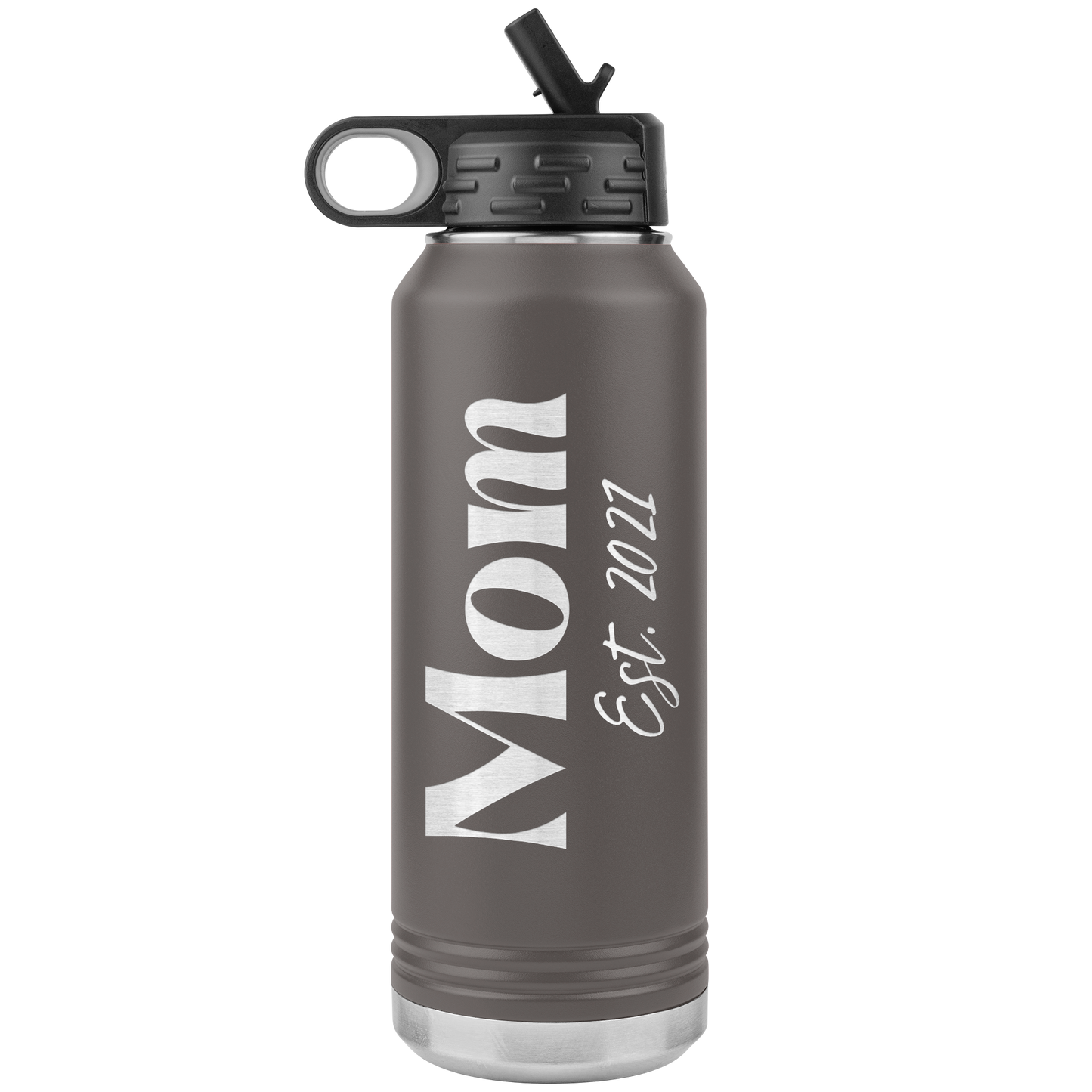 "Mom Est. 2021" 32 oz. Insulated Stainless Steel Water Bottle with Flip Top Lid & Built-in Straw