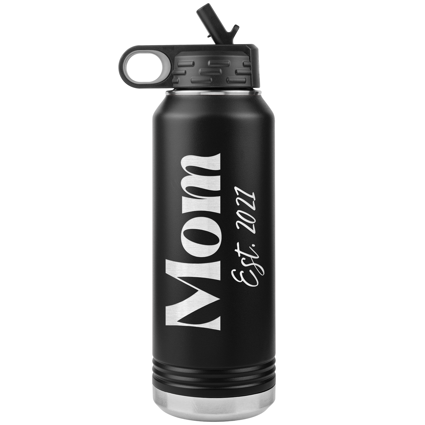 "Mom Est. 2021" 32 oz. Insulated Stainless Steel Water Bottle with Flip Top Lid & Built-in Straw