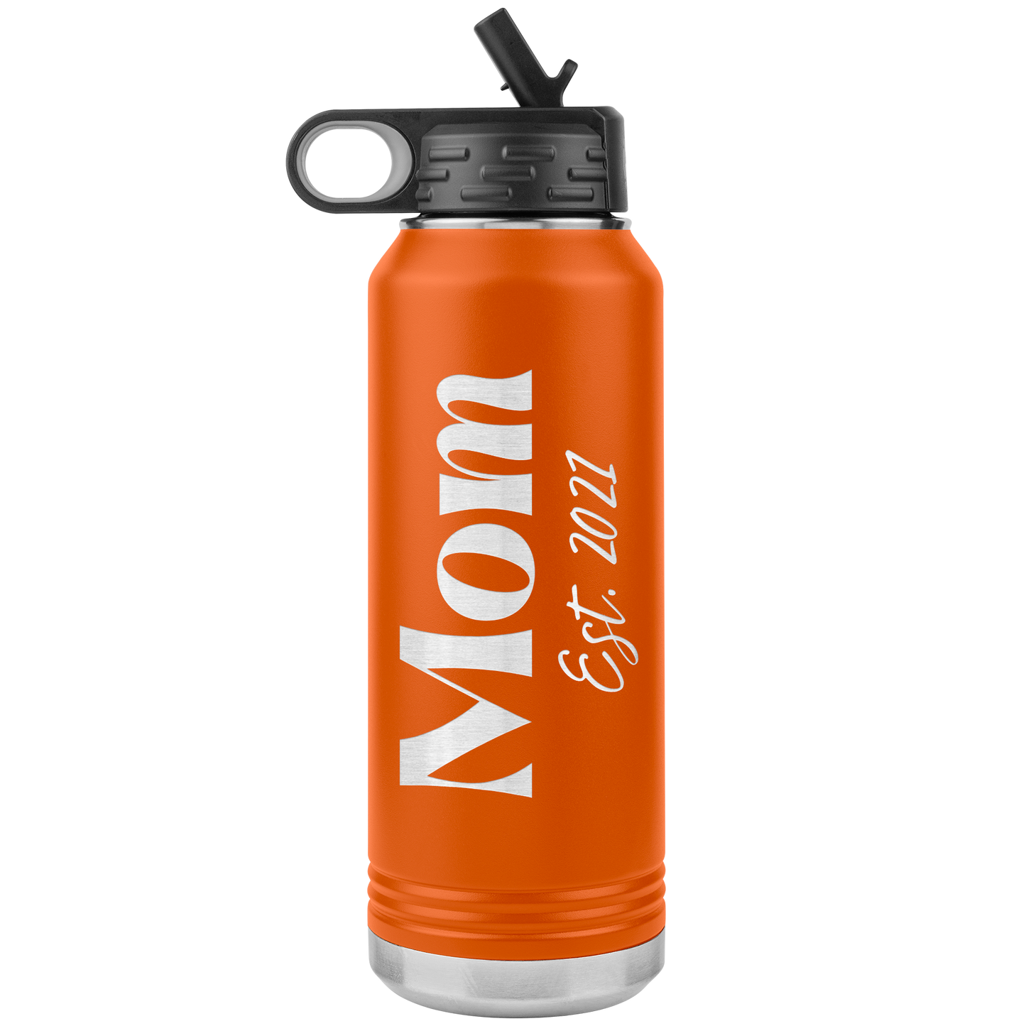"Mom Est. 2021" 32 oz. Insulated Stainless Steel Water Bottle with Flip Top Lid & Built-in Straw