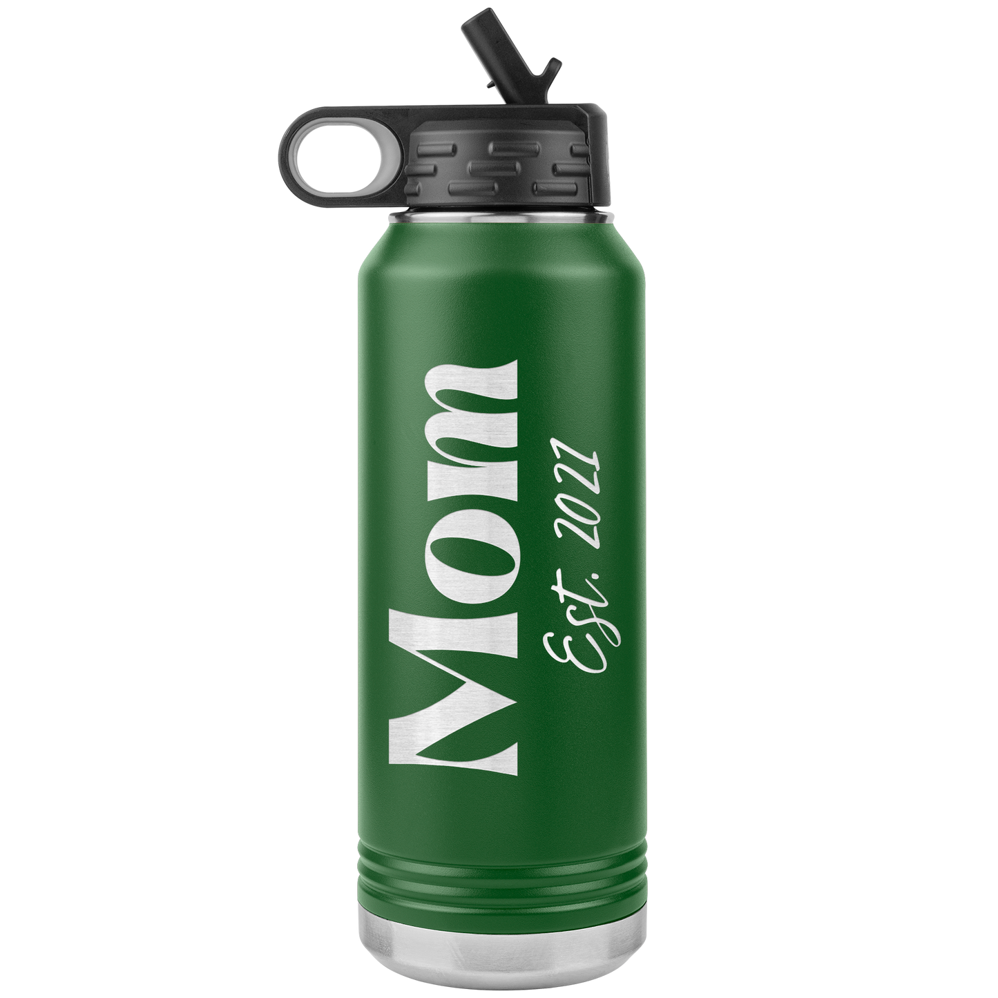 "Mom Est. 2021" 32 oz. Insulated Stainless Steel Water Bottle with Flip Top Lid & Built-in Straw