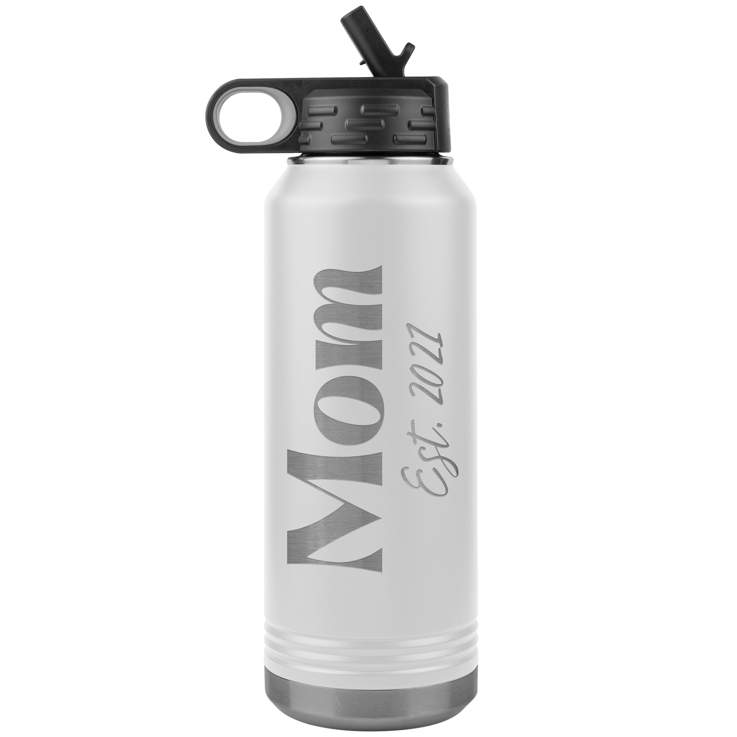 "Mom Est. 2021" 32 oz. Insulated Stainless Steel Water Bottle with Flip Top Lid & Built-in Straw
