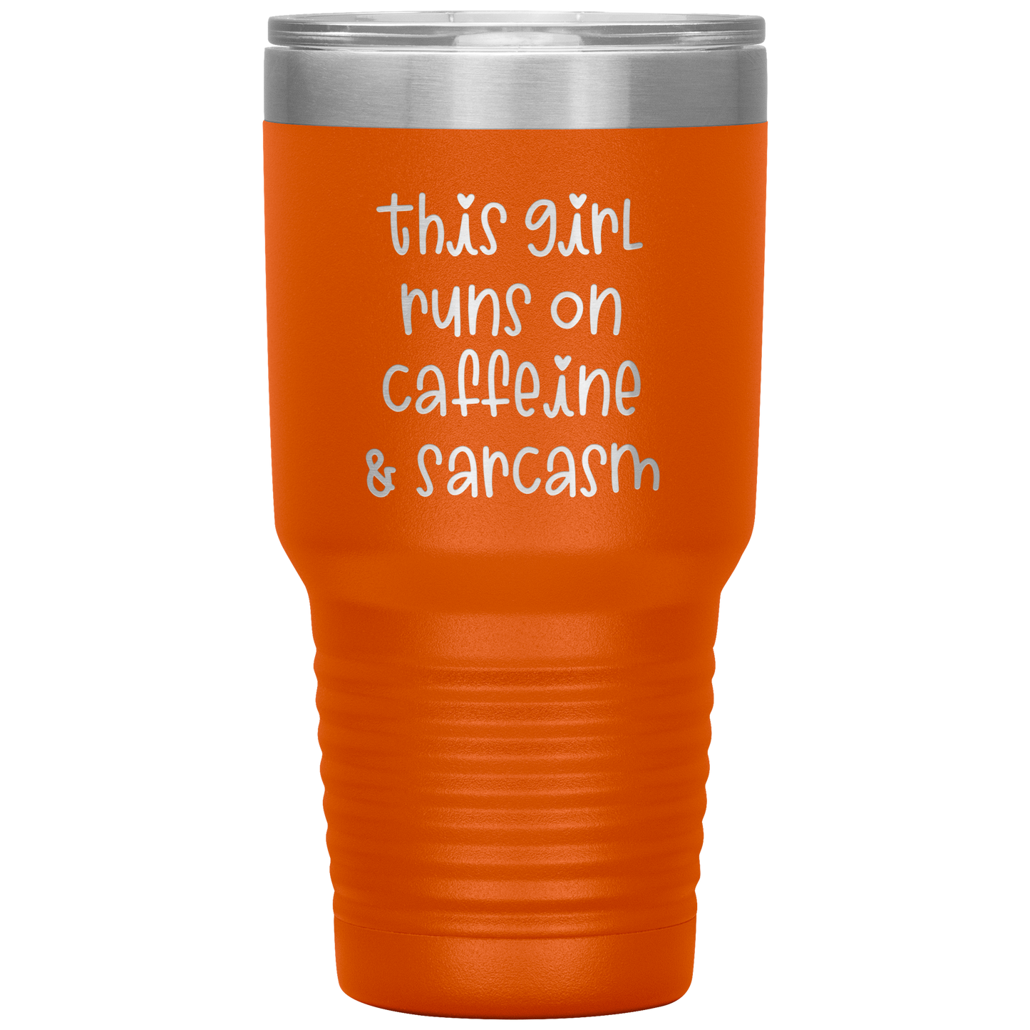 "This Girl Runs on Caffeine & Sarcasm" 30 oz. Insulated Stainless Steel Insulated Travel Coffee Cup with Lid