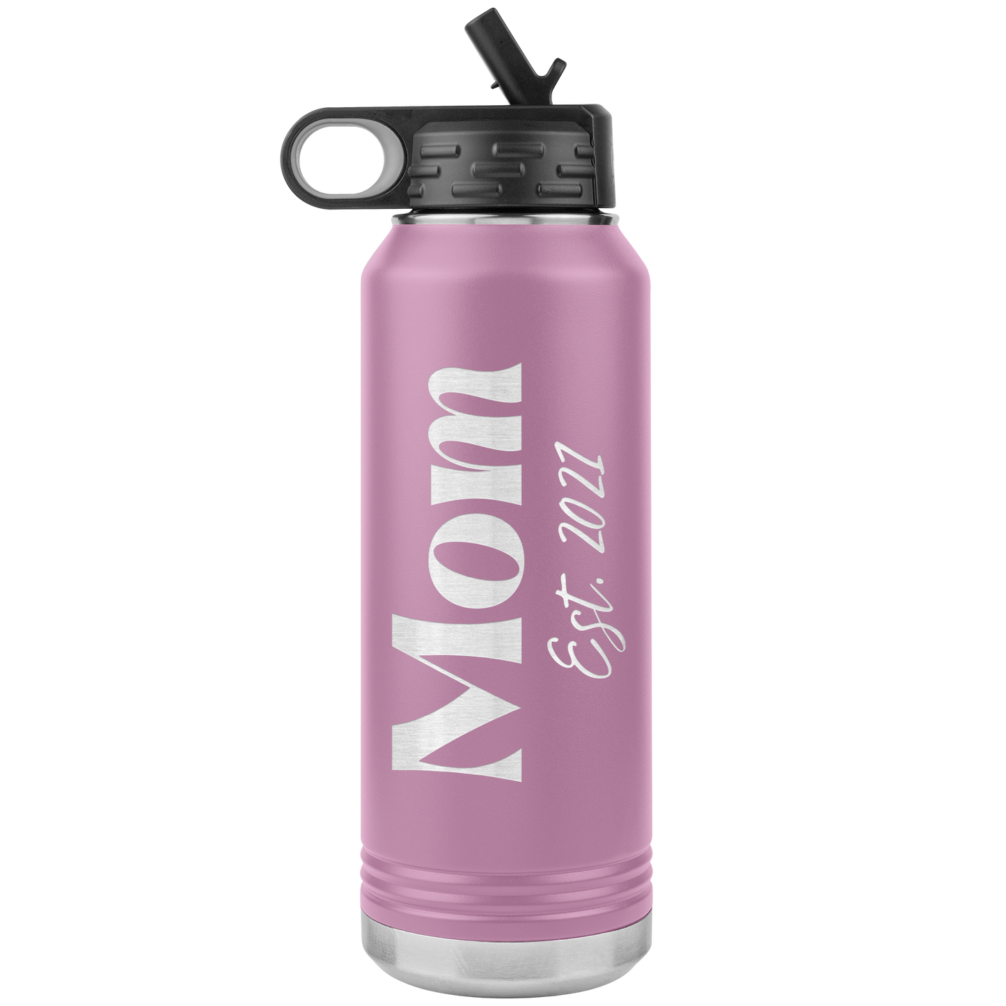 "Mom Est. 2021" 32 oz. Insulated Stainless Steel Water Bottle with Flip Top Lid & Built-in Straw