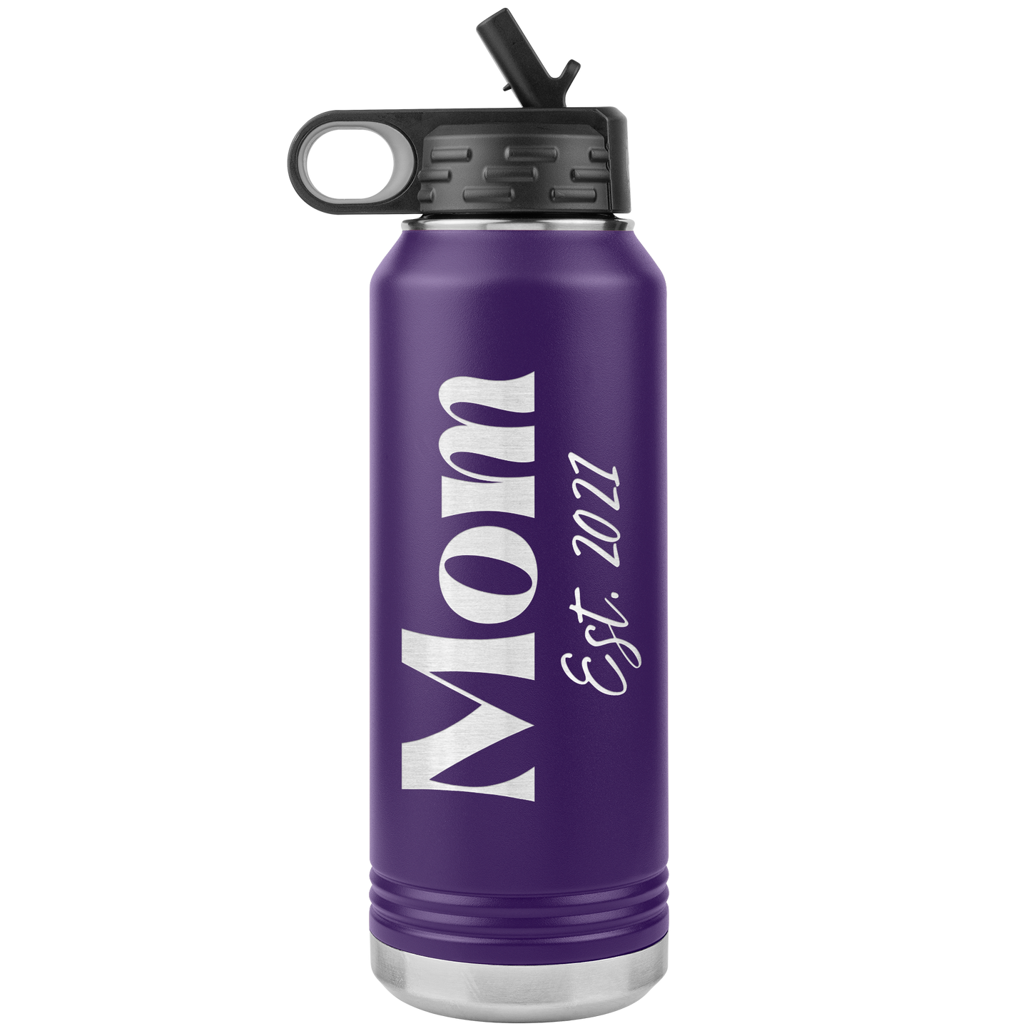 "Mom Est. 2021" 32 oz. Insulated Stainless Steel Water Bottle with Flip Top Lid & Built-in Straw