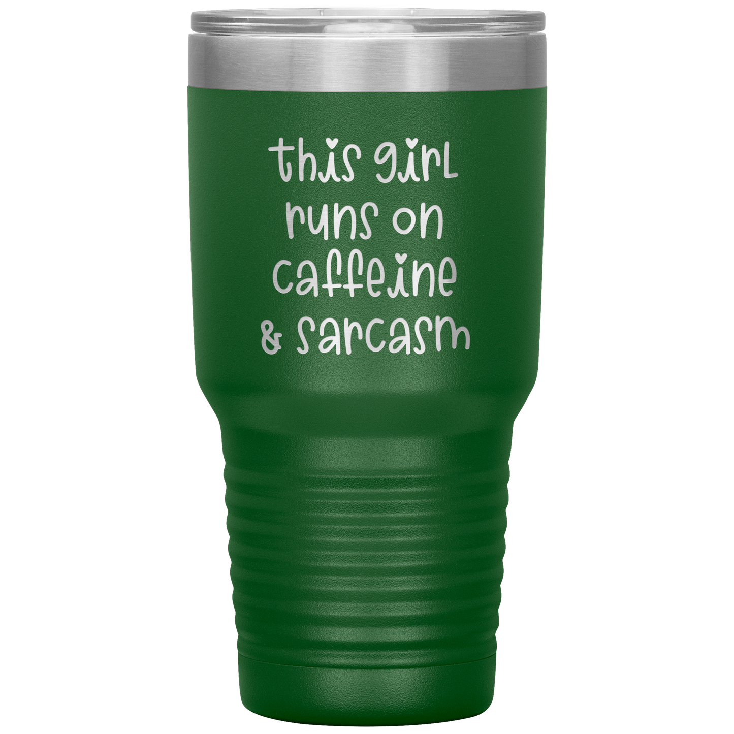 "This Girl Runs on Caffeine & Sarcasm" 30 oz. Insulated Stainless Steel Insulated Travel Coffee Cup with Lid