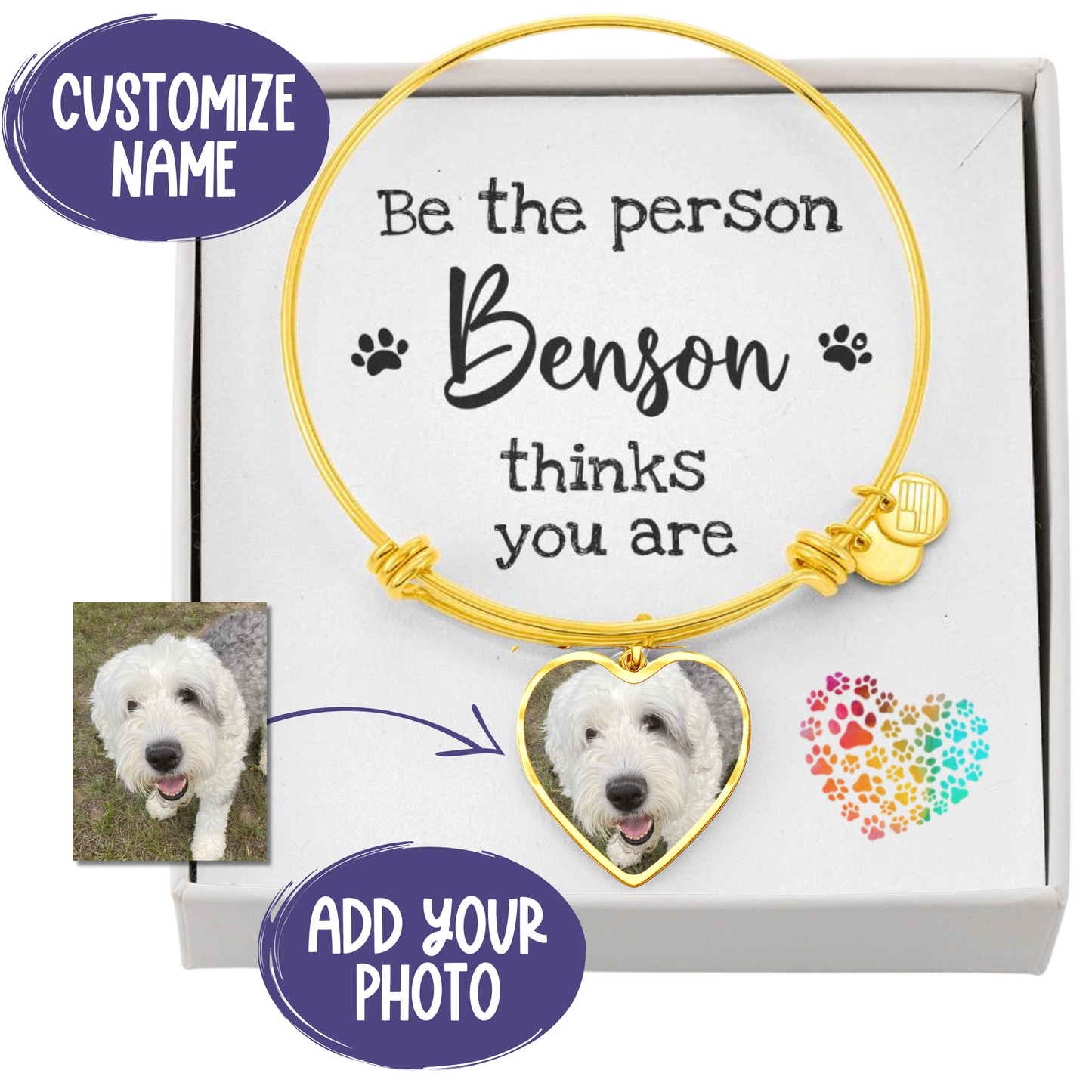 Personalized Pet Photo Heart Bangle Bracelet