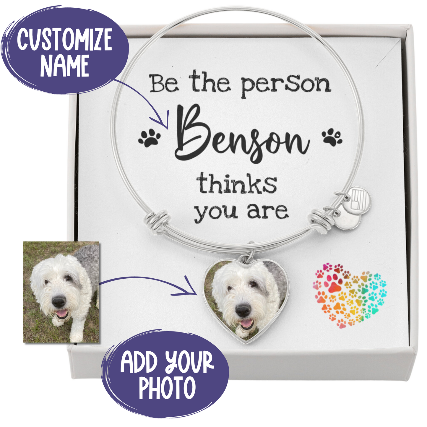 Personalized Pet Photo Heart Bangle Bracelet