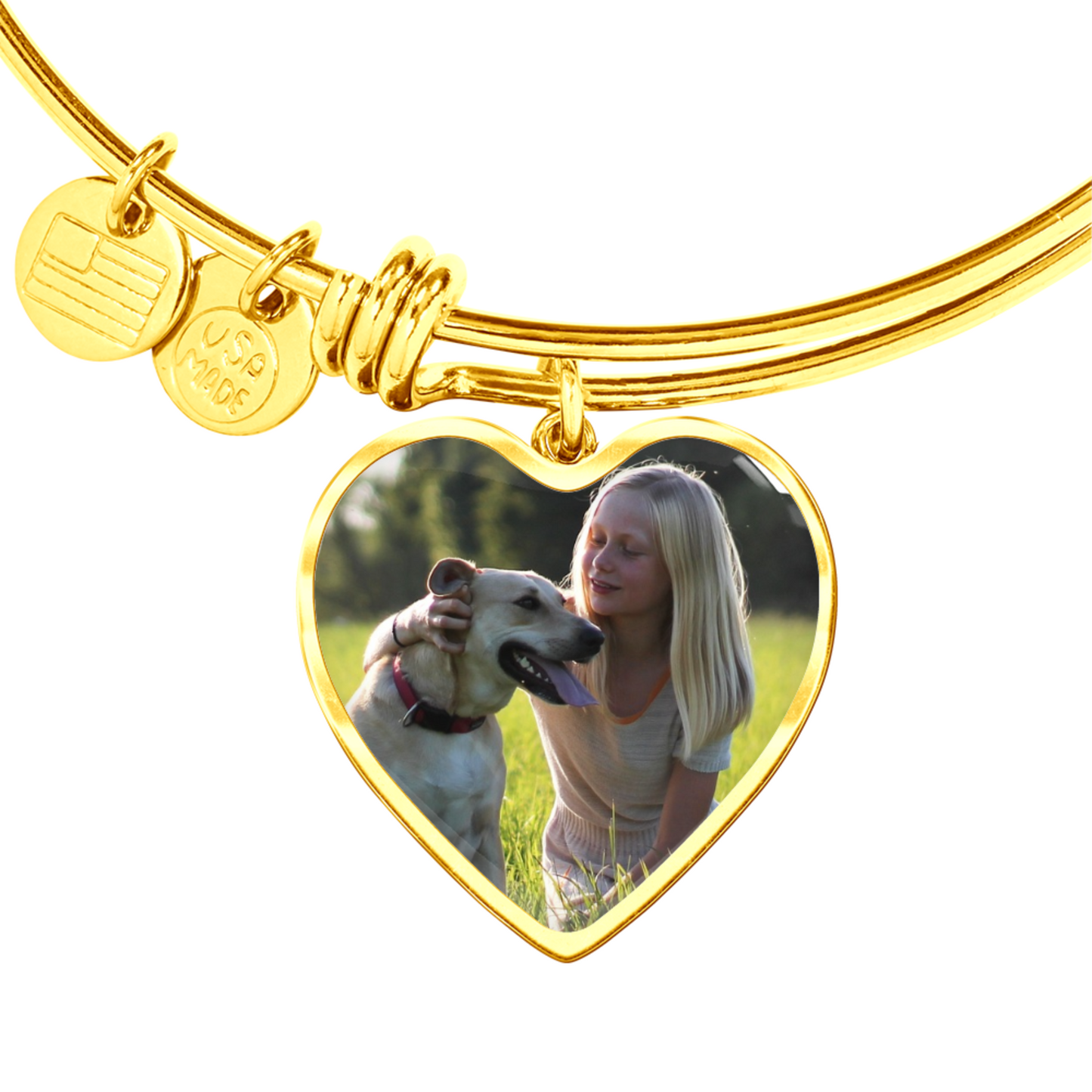 Rainbow Bridge Dog Photo Bangle | Loss of Dog Memorial Heart Pendant Bracelet