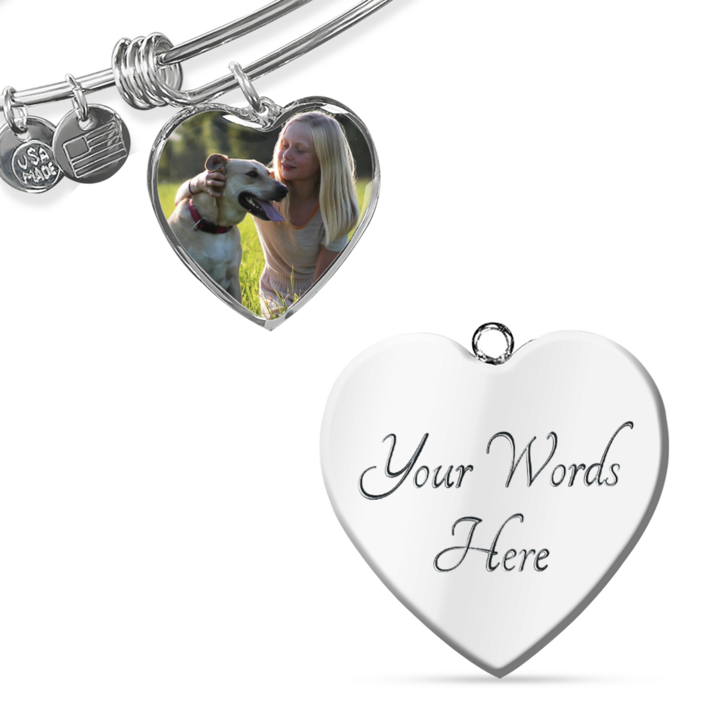 Rainbow Bridge Dog Photo Bangle | Loss of Dog Memorial Heart Pendant Bracelet