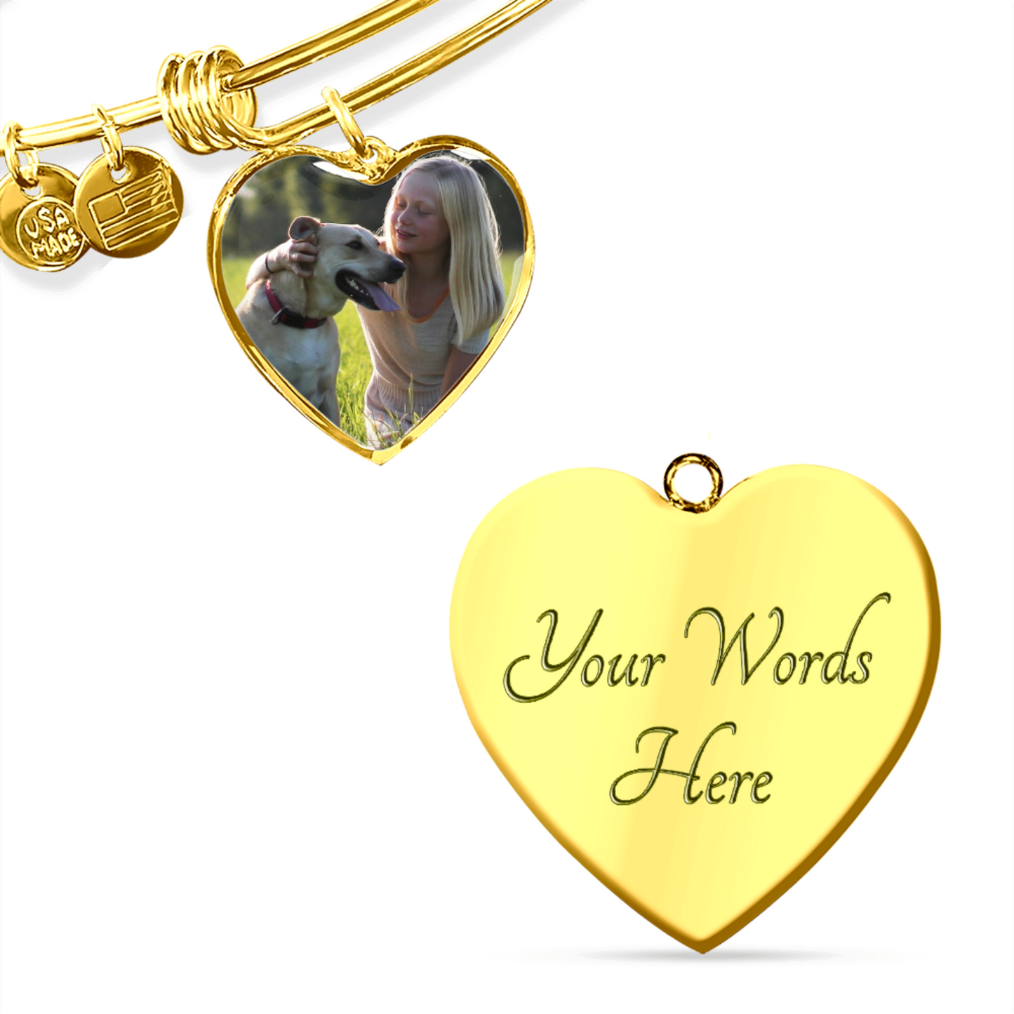 Rainbow Bridge Dog Photo Bangle | Loss of Dog Memorial Heart Pendant Bracelet