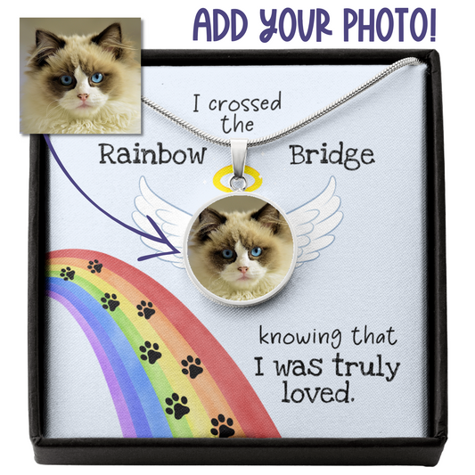 Rainbow Bridge Cat Photo Necklace | Loss of Cat Memorial Circle Pendant