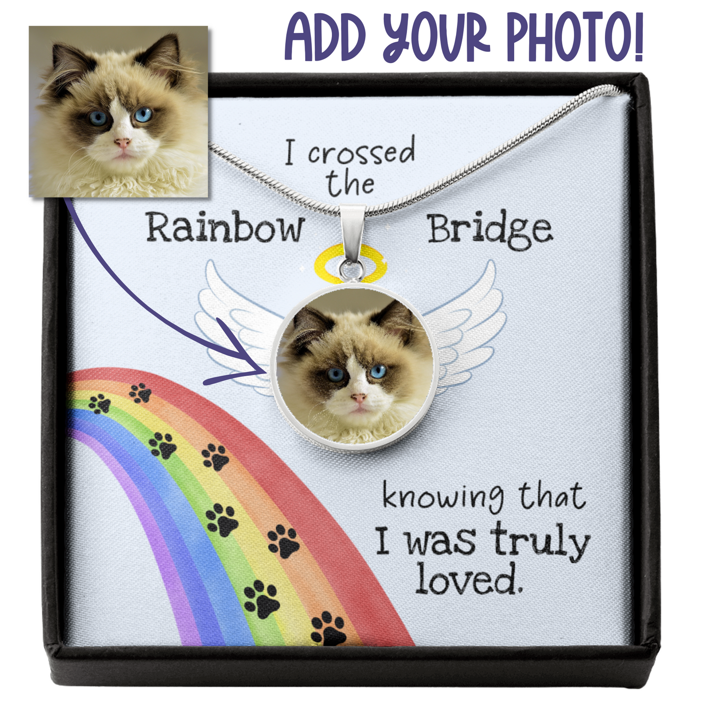 Rainbow Bridge Cat Photo Necklace | Loss of Cat Memorial Circle Pendant