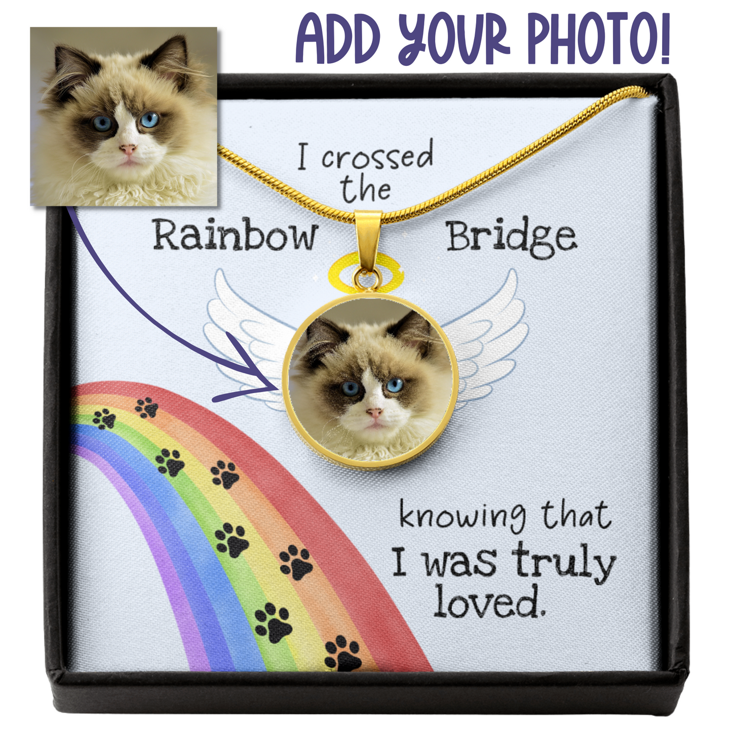 Rainbow Bridge Cat Photo Necklace | Loss of Cat Memorial Circle Pendant