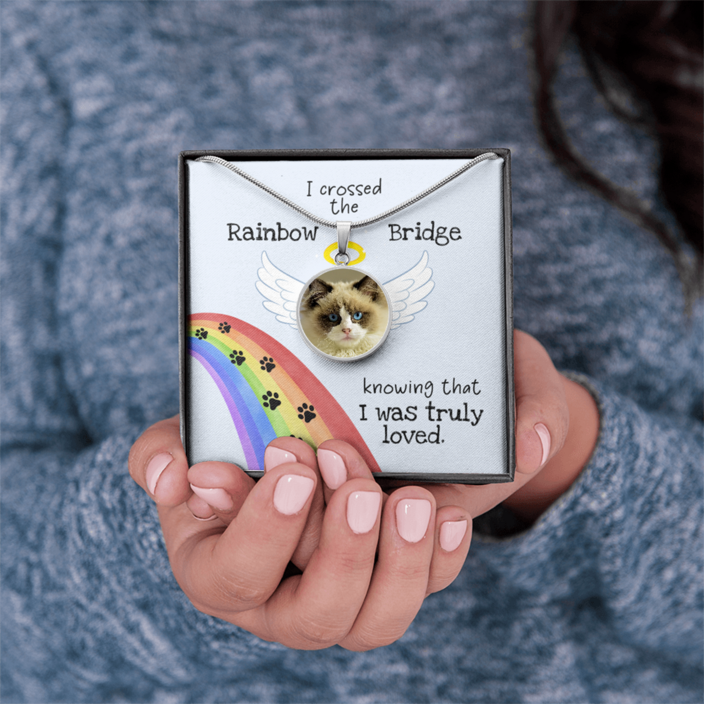 Rainbow Bridge Cat Photo Necklace | Loss of Cat Memorial Circle Pendant