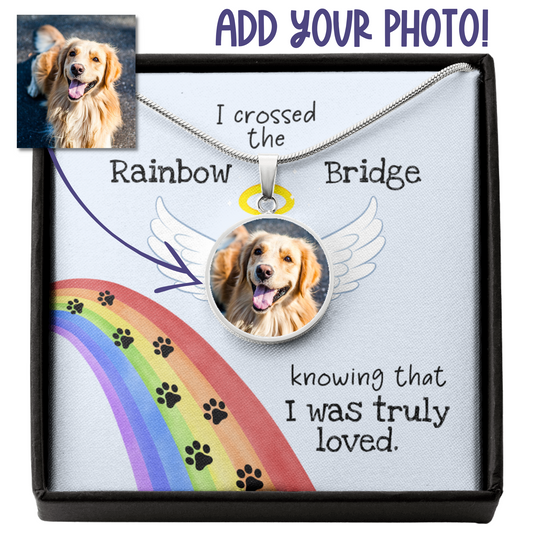 Rainbow Bridge Dog Photo Necklace | Loss of Dog Memorial Circle Pendant