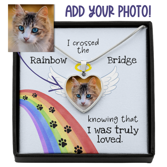 Rainbow Bridge Cat Photo Necklace | Loss of Cat Memorial Heart Pendant
