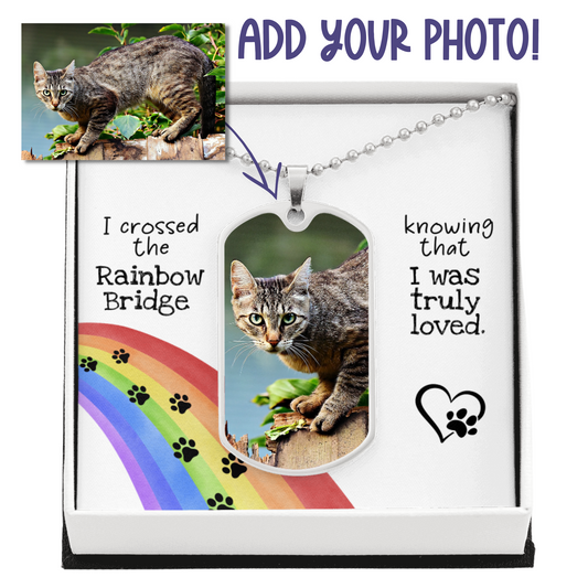 Rainbow Bridge Cat Photo Necklace | Loss of Cat Memorial Dog Tag Pendant