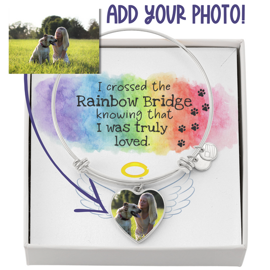 Rainbow Bridge Dog Photo Bangle | Loss of Dog Memorial Heart Pendant Bracelet