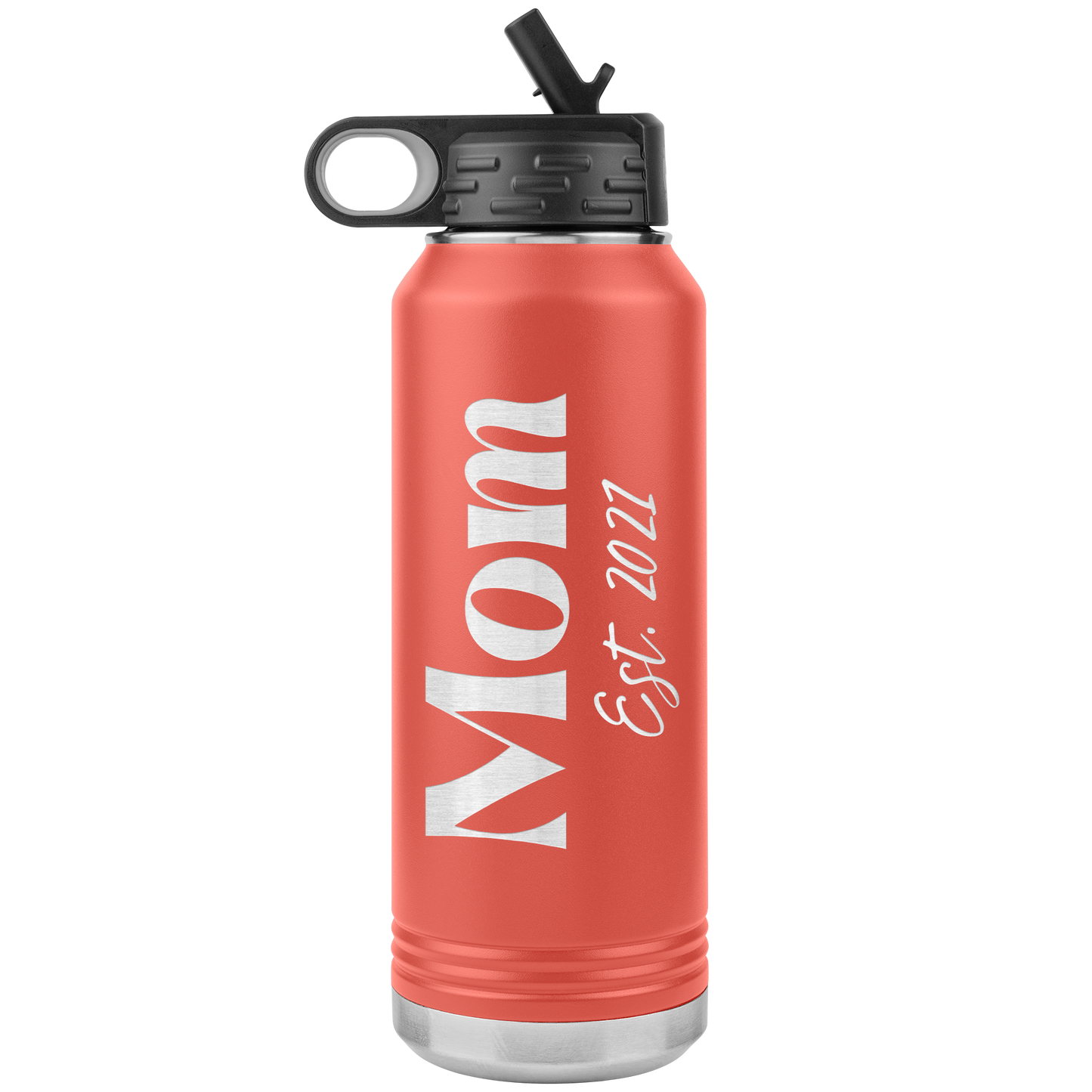 "Mom Est. 2021" 32 oz. Insulated Stainless Steel Water Bottle with Flip Top Lid & Built-in Straw