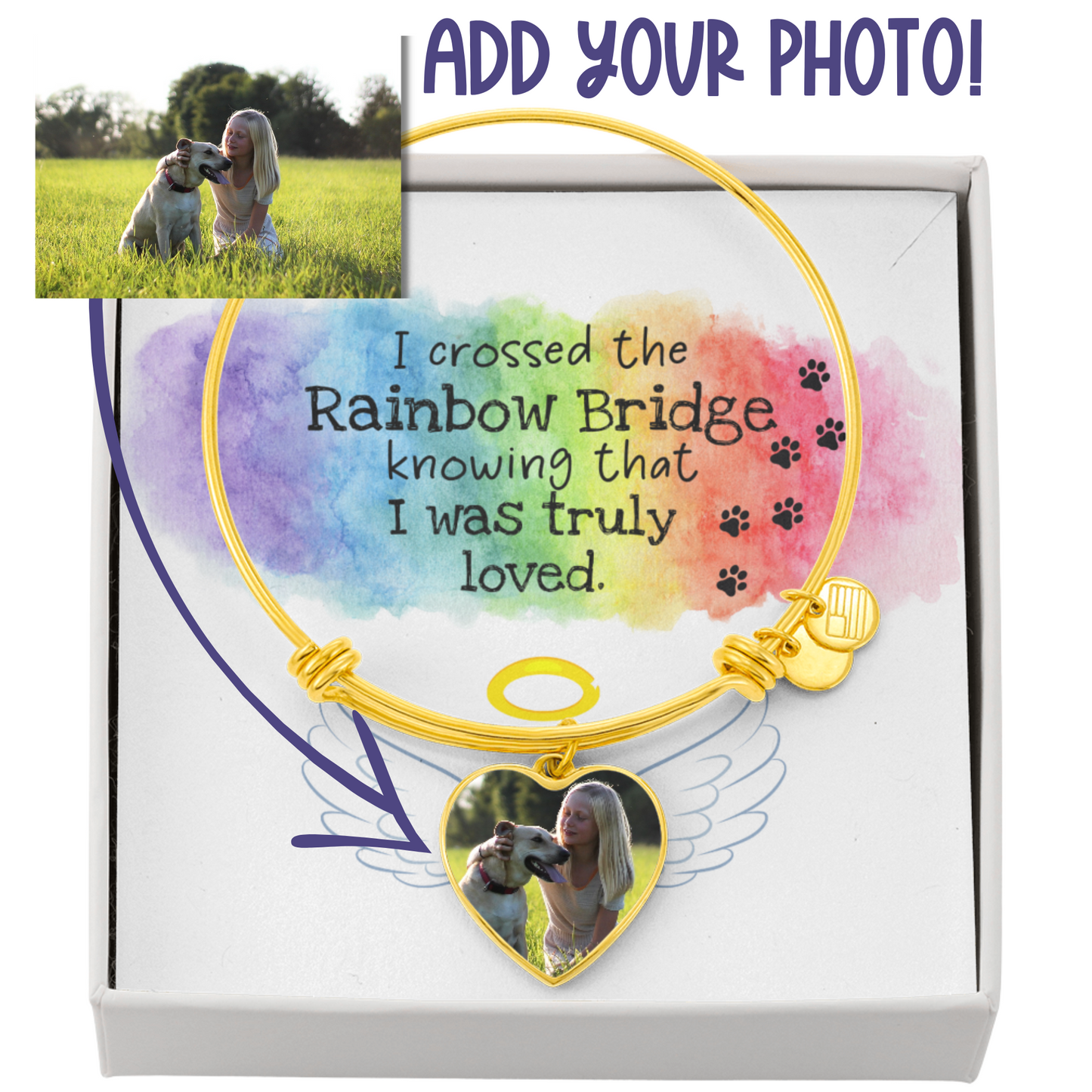 Rainbow Bridge Dog Photo Bangle | Loss of Dog Memorial Heart Pendant Bracelet