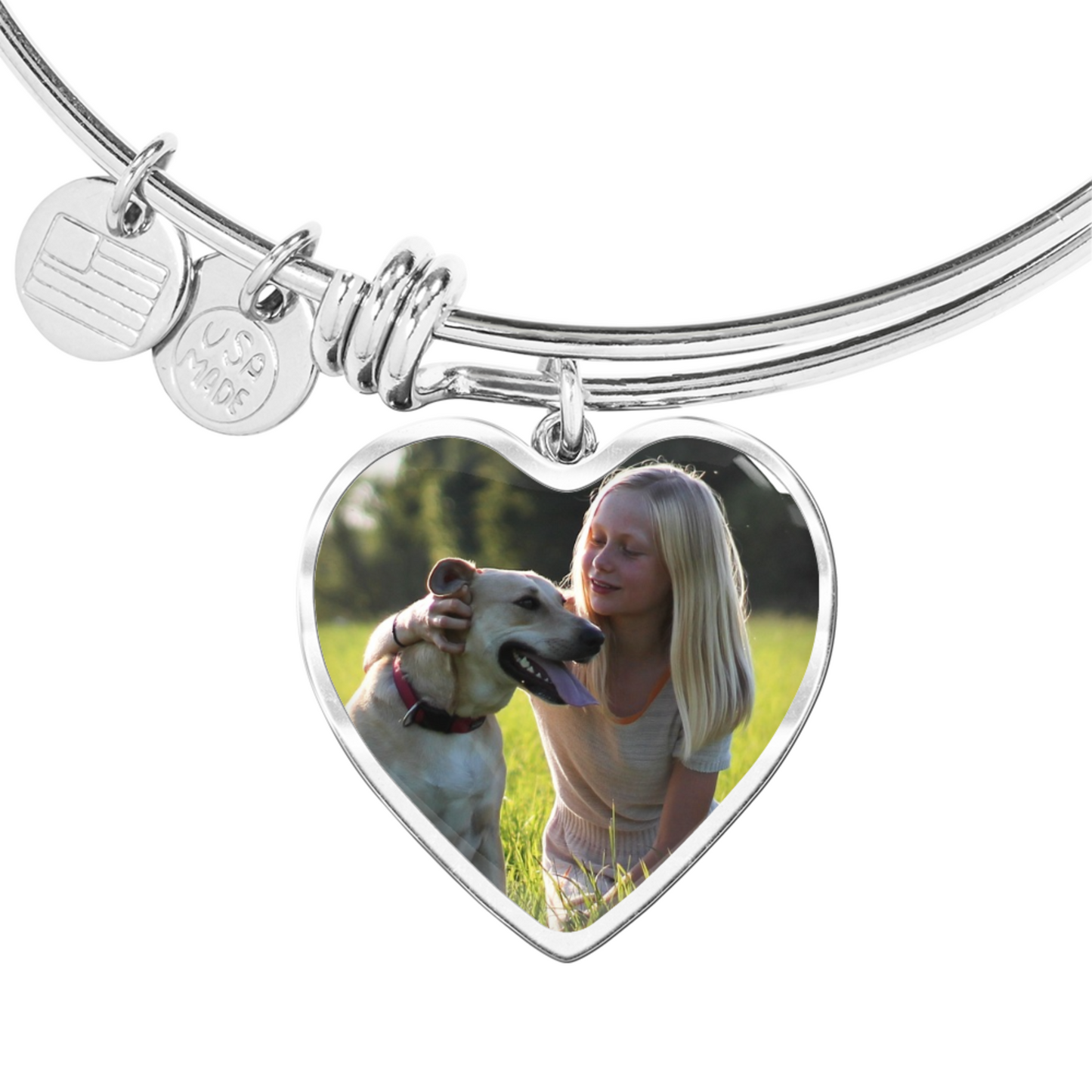 Rainbow Bridge Dog Photo Bangle | Loss of Dog Memorial Heart Pendant Bracelet