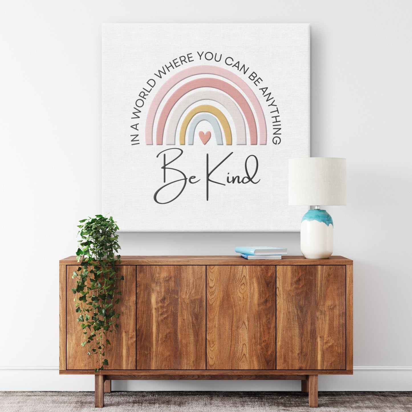 "In A World Where You Can Be Anything, Be Kind" Rainbow Canvas Wall Art