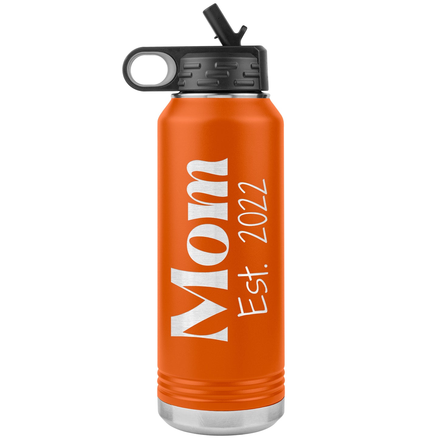 Custom "Mom Est. 2022" 32 oz. Reusable Travel Bottle with Flip Top Lid & Built-in Straw