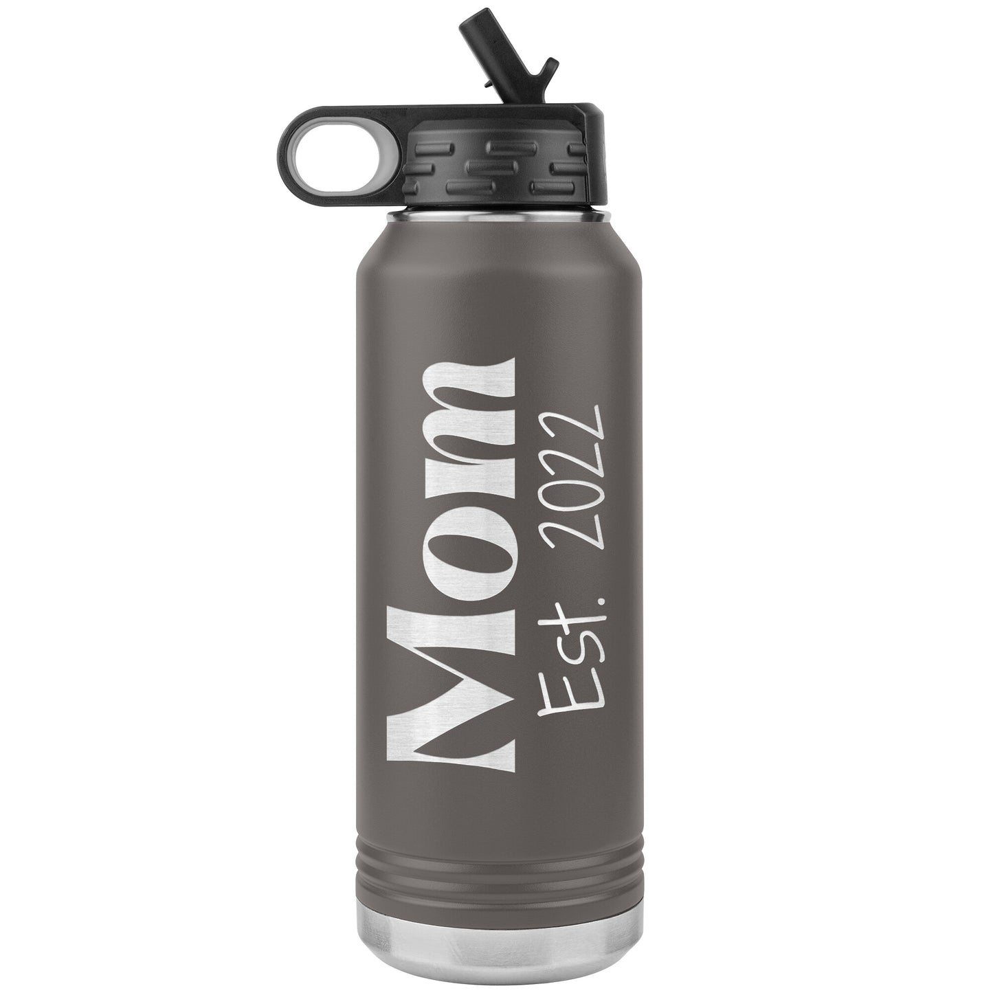 Custom "Mom Est. 2022" 32 oz. Reusable Travel Bottle with Flip Top Lid & Built-in Straw