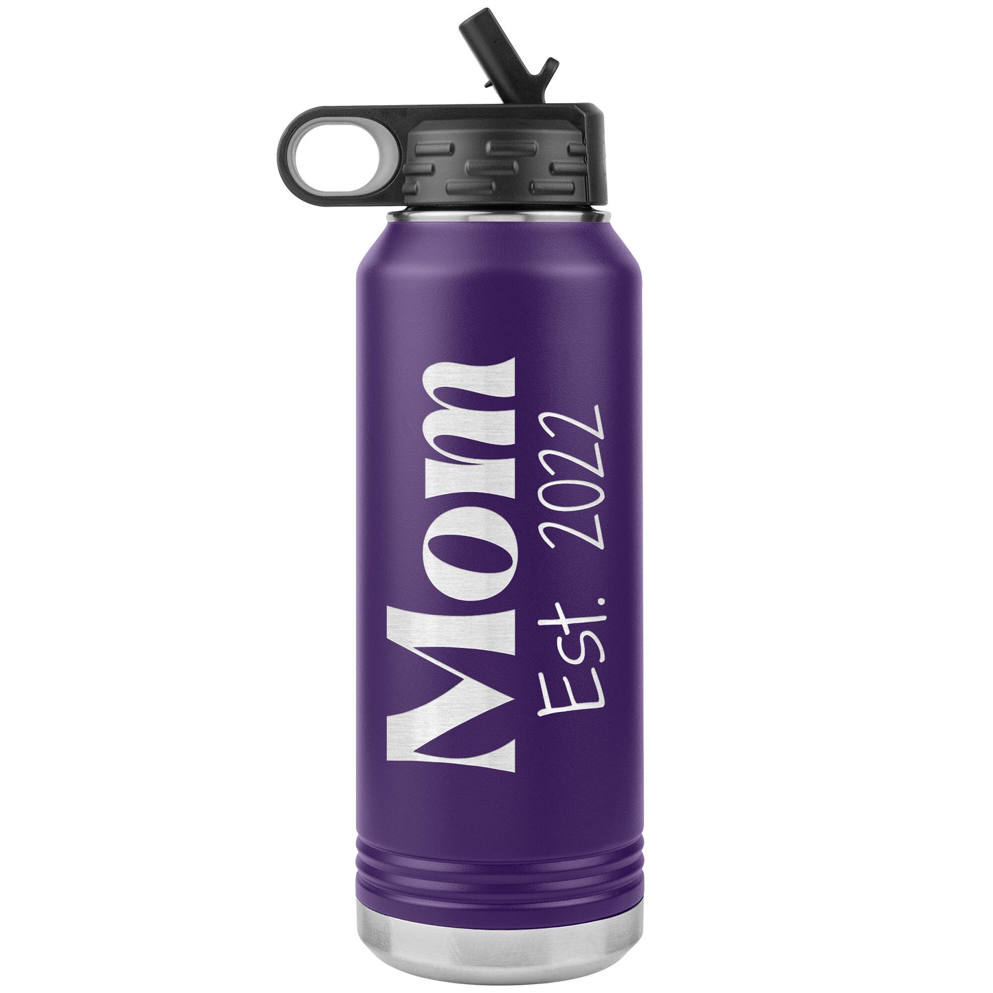 Custom "Mom Est. 2022" 32 oz. Reusable Travel Bottle with Flip Top Lid & Built-in Straw