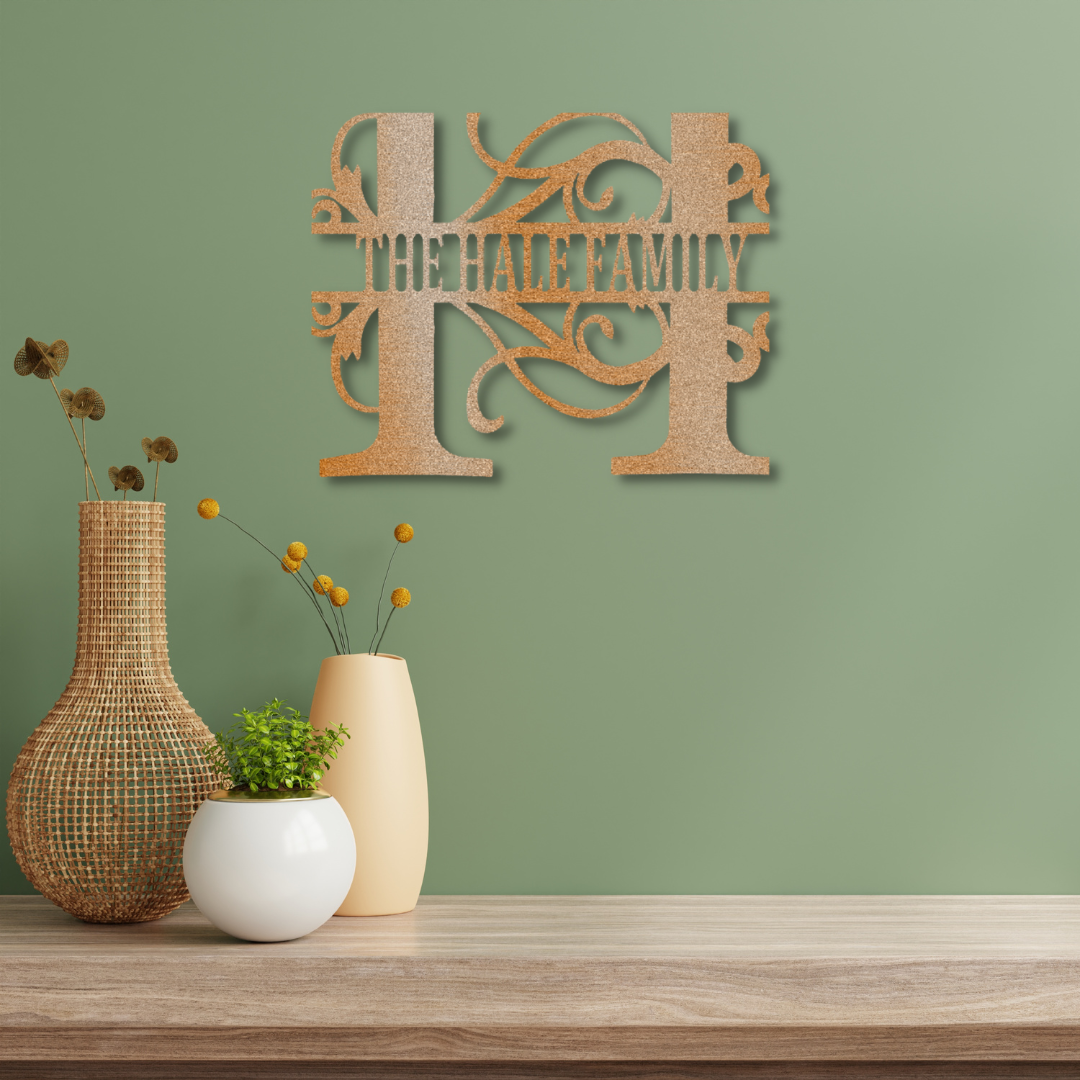 Personalized Split Letter Monogram with Family Name Metal Wall Art