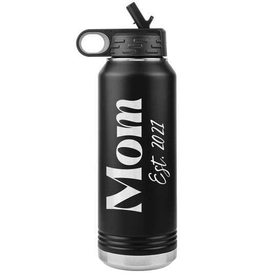 "Mom Est. 2021" 32 oz. Insulated Stainless Steel Water Bottle with Flip Top Lid & Built-in Straw