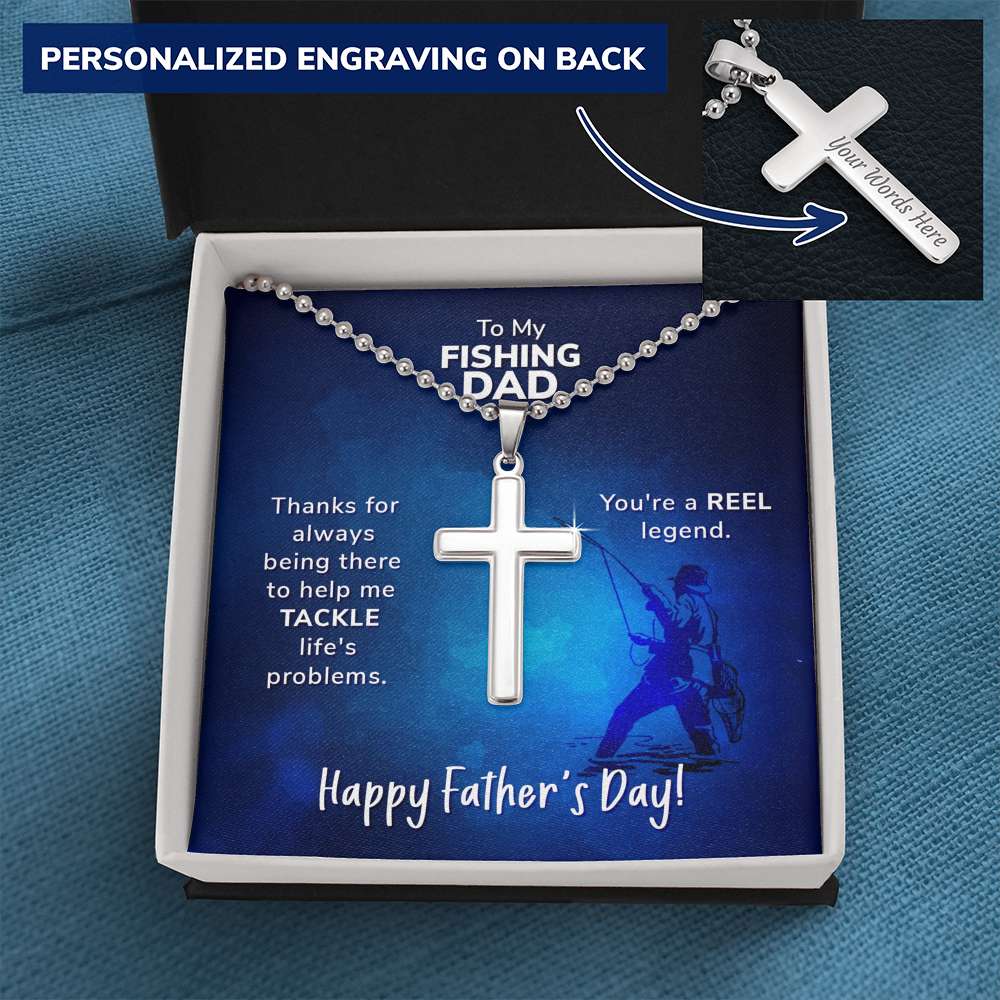 Gift for Fishing Dad | Personalized Cross Pendant | Custom Engraved Cross for Father's Day