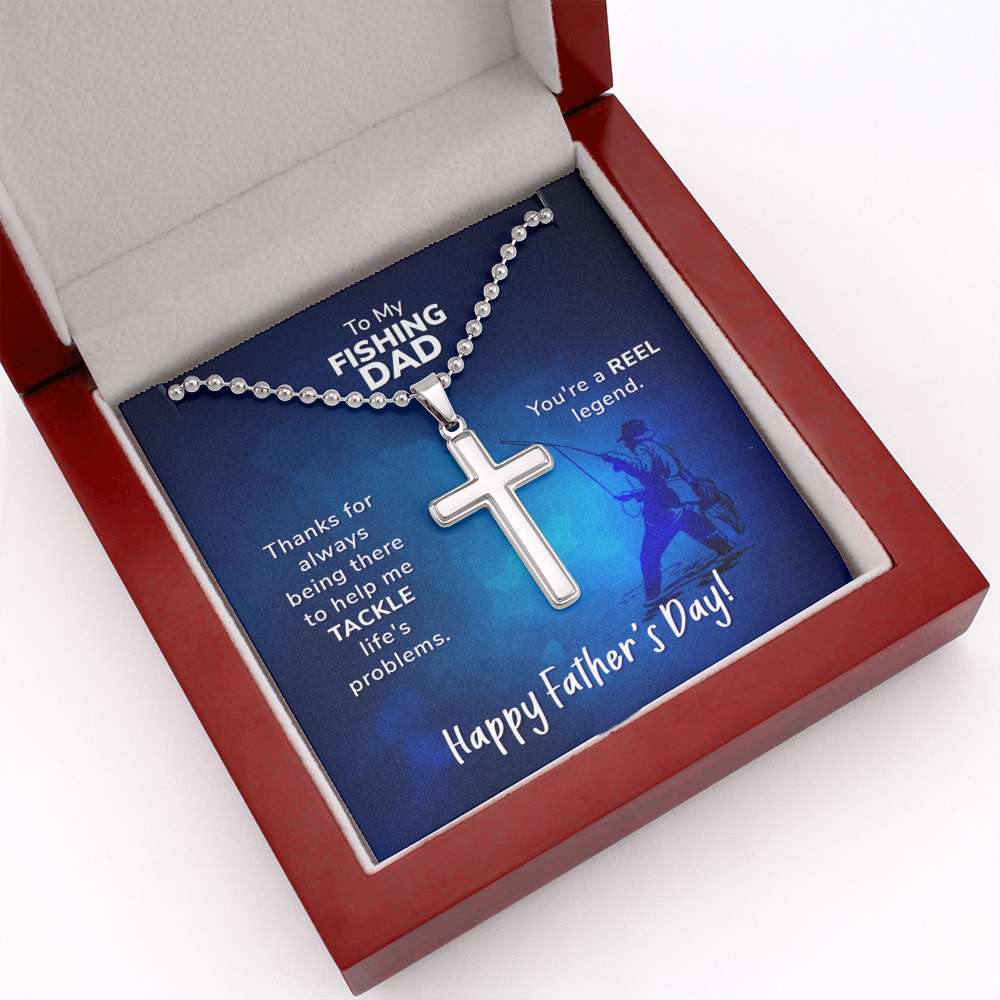 Gift for Fishing Dad | Personalized Cross Pendant | Custom Engraved Cross for Father's Day