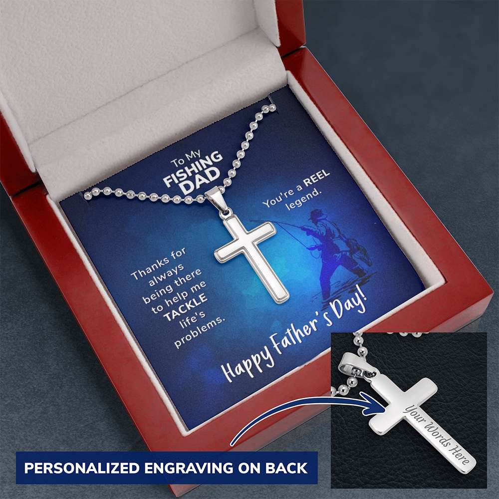 Gift for Fishing Dad | Personalized Cross Pendant | Custom Engraved Cross for Father's Day