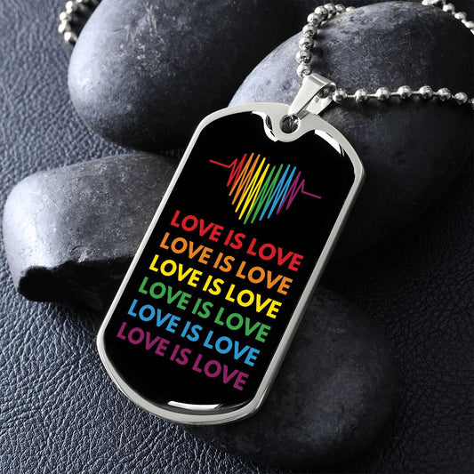Love Is Love Heartbeat Dog Tag Necklace  | Gay Pride Rainbow Necklace
