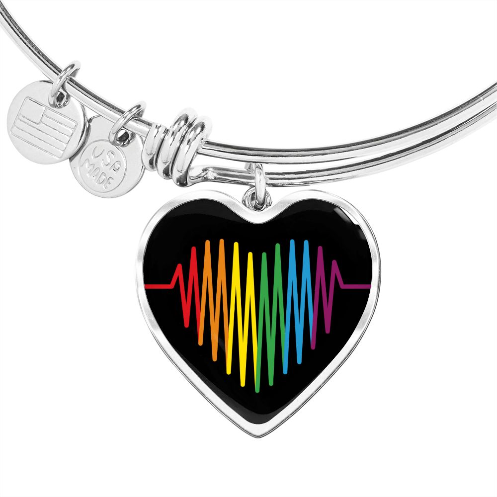 Rainbow Heartbeat Bangle | Gay Pride Heart Pendant Bracelet