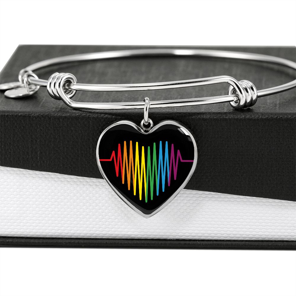 Rainbow Heartbeat Bangle | Gay Pride Heart Pendant Bracelet