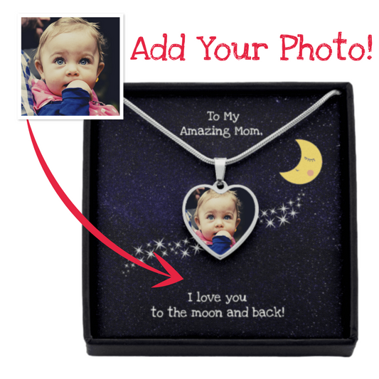 Photo Gift for Mom | I Love You to the Moon and Back | Custom Photo Heart Pendant Necklace