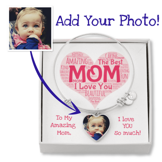 Gift for Mom from Child | Personalized Photo Charm Bangle Bracelet